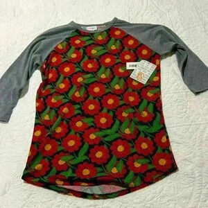 NWT LuLaRoe Randy XS‎ red flowers gray sleeve unisex